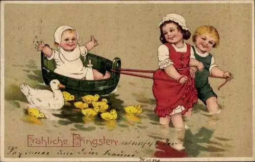 Präge Ak Glückwunsch Pfingsten, Kinder, Ente, Küken