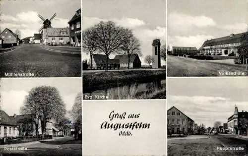 Ak Augustfehn Apen im Ammerland, Mühlenstraße, Kirche, Volksschule, Poststraße, Hauptstraße