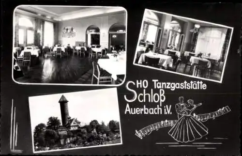 Ak Auerbach im Vogtland Sachsen, HO Tanzgaststätte Schloss, Saalansicht, Turm