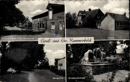 Ak Groß Kummerfeld bei Neumünster, Kolonialwarengeschäft Fritz Hauschildt, Schule, Kriegerdenkmal