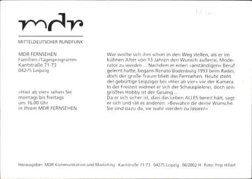 Ak Moderator Renato Bodenburg, Portrait, Sendung Hier ab vier, Autogramm