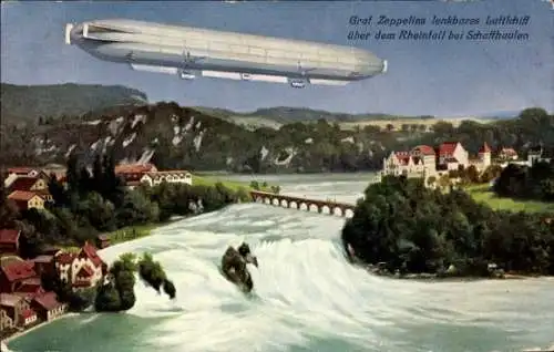 Ak Schaffhausen am Rhein Schweiz, Graf Zeppelins lenkbares Luftschiff über dem Rheinfall