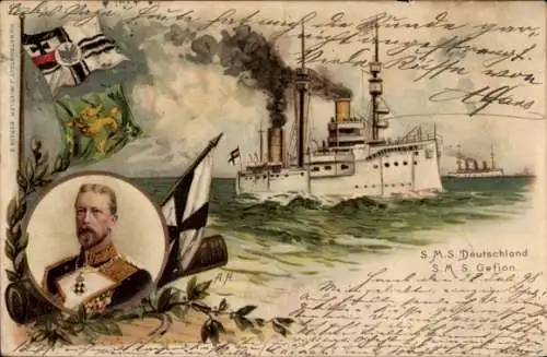 Litho Deutsche Kriegsschiffe, SMS Deutschland, SMS Gefion, Großadmiral Prinz Heinrich