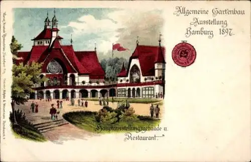 Litho Hamburg, Allgemeine Gartenbau Ausstellung 1897, Hauptausstellungsgebäude, Restaurant