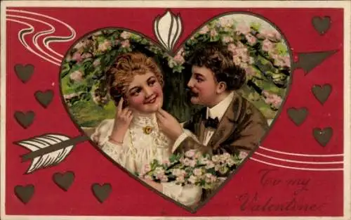 Präge Litho Valentinstag, Liebespaar, Herzen, Pfeil