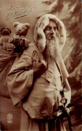 Ak Glückwunsch Weihnachten, Weihnachtsmann mit Geschenkesack, Teddy