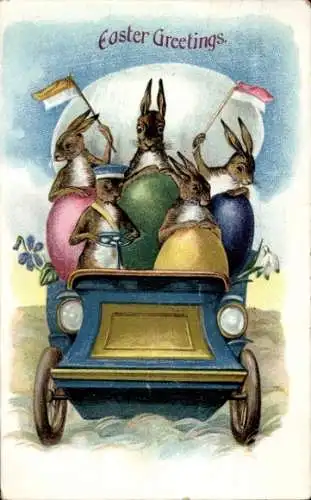 Ak Glückwunsch Ostern, Osterhasen im Automobil, Ostereier