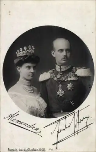 Ak Großherzog Friedrich Franz IV von Mecklenburg Schwerin, Alexandra, Rostock 1908, Autogramme