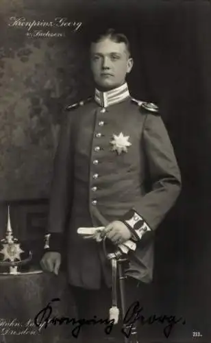 Ak Kronprinz Georg von Sachsen, Portrait in Uniform, Autogramm