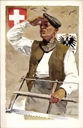 Künstler Ak Hohlwein, L., München, Deutsche Internierten-Ausstellung 1918, Mann mit Säge, Wappen