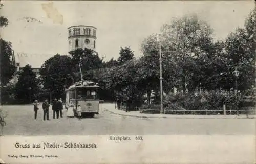 Ak Berlin Pankow Niederschönhausen, Kirchplatz, Straßenbahn