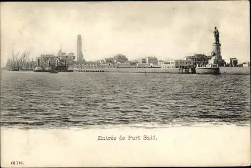 Ak Port Said Ägypten, Blick zum Hafen, Statue, Leuchtturm