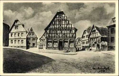 Künstler Ak Winkel, Karl, Lauterbach an der Lauter Vogelsbergkreis, Hohbrücke, Fachwerkhäuser