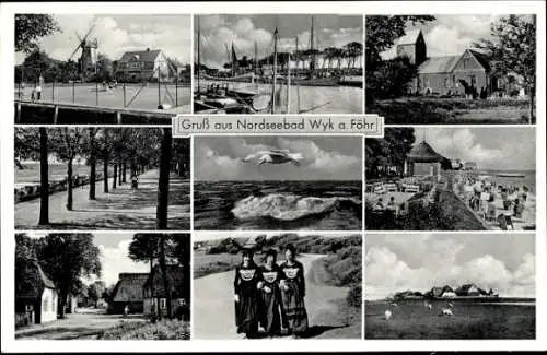 Ak Wyk auf Föhr Nordfriesland, Windmühle, Tennisplatz, Tachten, Panorama, Strand, Promenade