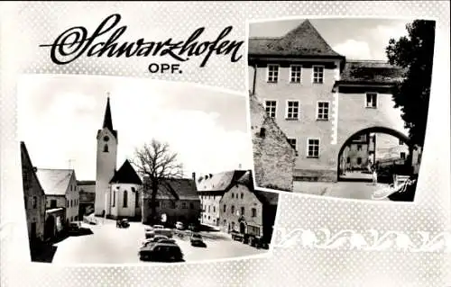 Ak Schwarzhofen in der Oberpfalz, Kirche, Parkplatz, Blick durchs Tor