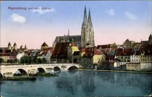 Ak Regensburg an der Donau Oberpfalz, steinerne Brücke