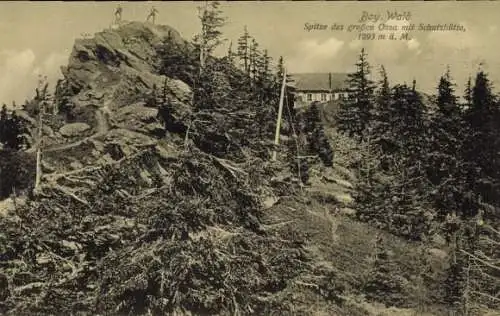 Ak Lam im Bayerischen Wald Oberpfalz, Spitze des großen Osser mit Schutzhütte, Inh. Alois Huber