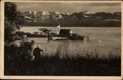 Ak Wasserburg am Bodensee Schwaben, Teilansicht, Gebirge, Kirche