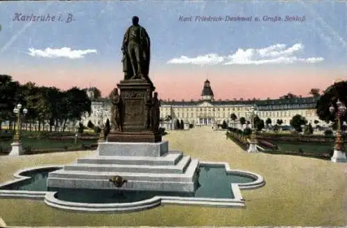 Ak Karlsruhe in Baden, Karl-Friedrich-Denkmal, Schloss