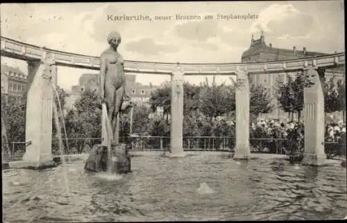 Ak Karlsruhe in Baden, Spephansplatz, neuer Brunnen