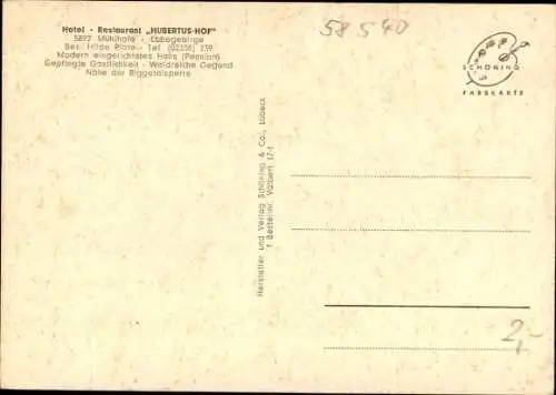 Ak Mühlhofe Valbert Meinerzhagen im Sauerland, Hubertus-Hof, Ebbegebirge, Speiseraum