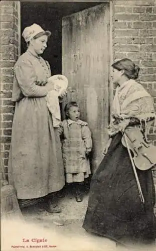 Ak Französische Tracht, Frau mit Kind, Teller, Besuch