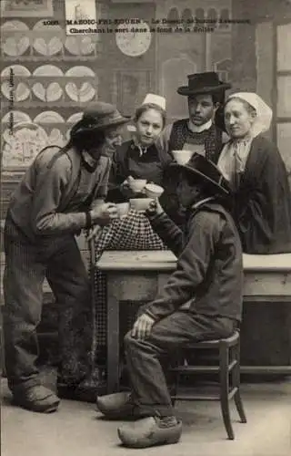Ak Französische Tracht, Männer und Frauen trinken Tee, Teetassen