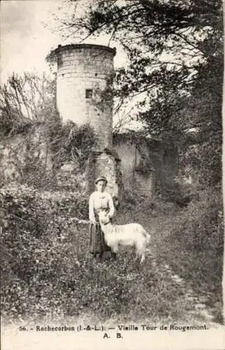 Ak Rochecorbon Indre et Loire, Vieille Tour de Rougemont, Frau mit Ziege