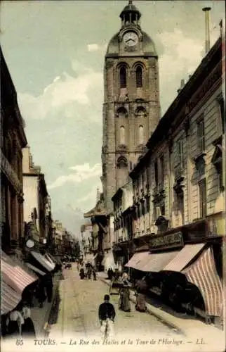 Ak Tours Indre et Loire, Rue des Halles, Uhrenturm