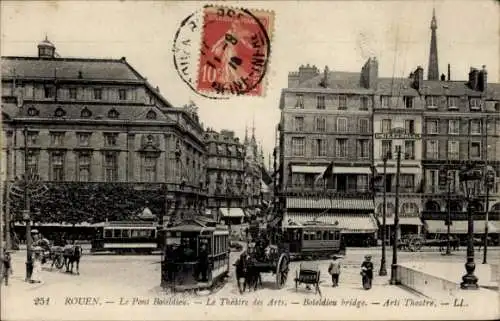 Ak Rouen Seine Maritime, Le Pont Boieldieu, Theatre des Arts, Straßenbahnen