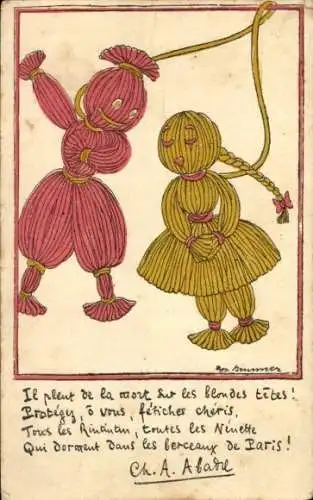 Künstler Ak Zwei Puppen, Spielzeuge, Gespräch, Zopf