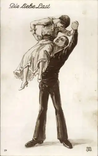 Künstler Ak Liebe Last, Marinesoldat trägt seine Frau, Soldatenliebe, Liebespaar