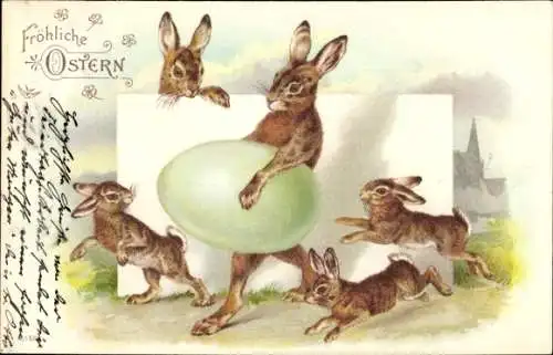 Litho Glückwunsch Ostern, Hasen-Familie, Ei