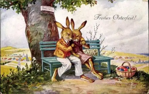 Ak Glückwunsch Ostern, Liebespaar, Osterhasen, Sitzbank, Ostereier