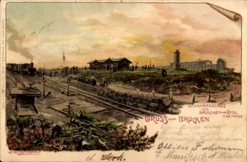 Künstler Litho Spindler, Erwin, Brocken Nationalpark Harz, Bahnhof, Brockenhotel