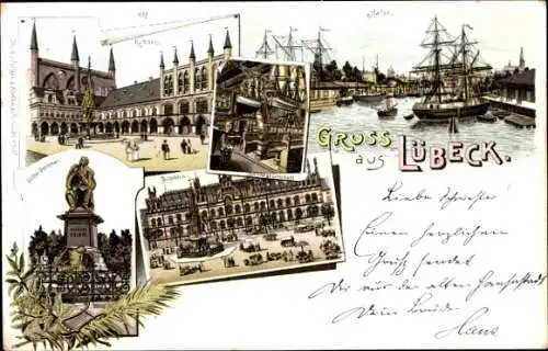 Litho Lübeck, Hafen, Rathaus, Geibel Denkmal, Post