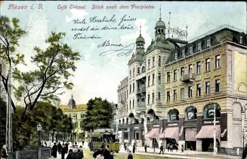 Ak Plauen Vogtland, Café Trömel, Postplatz, Straßenbahn