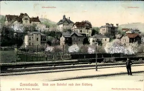 Ak Dresden Cossebaude, Blick vom Bahnhof zum Eichberg, Albrechtshöhe, Liebenecke