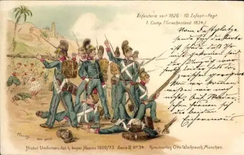 Litho Historische Uniformen des KB Heeres, Infanterie seit 1826, 10. Inf.-Rgt. 1. Comp.