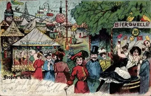 Litho Volksfest, Jahrmarkt, Bierquelle, Achterbahn