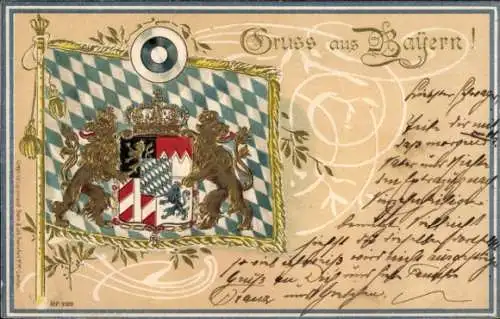 Präge Wappen Litho Bayerisches Staatswappen, Fahne