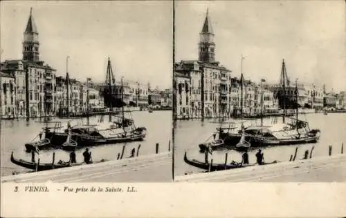 Stereo Ak Venezia Venedig Veneto, Vue prise de la Salute, Bateau