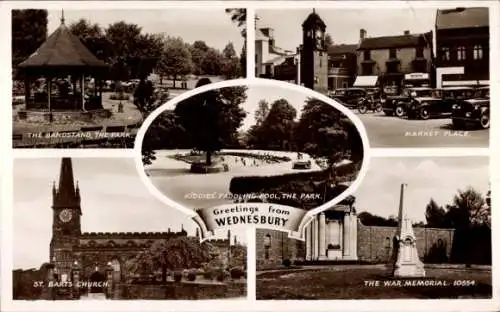 Ak Wednesbury West Midlands England, Musikpavillon, Park, Marktplatz, St. Barts Kirche