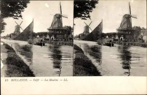 Stereo Ak Delft Südholland Niederlande, Windmühlen