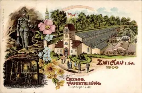 Litho Zwickau in Sachsen, Allg. Erzgebirgsausstellung 1900, Bergmann, Schacht