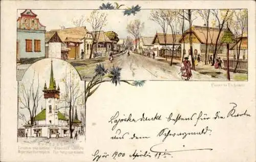 Ganzsachen Litho Budapest Ungarn, Millennium-Ausstellung, Ungarische Straße und Kirche