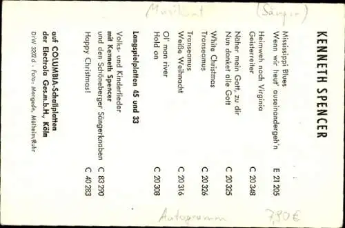 Ak Sänger Kenneth Spencer, Portrait, Autogramm