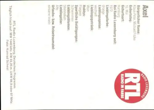 Ak Moderator Axel Fitzke, Radio Luxemburg, Portrait, Autogramm