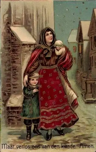 Präge Ak Frau mit zwei Kindern, Straße, Häuser, Gebet