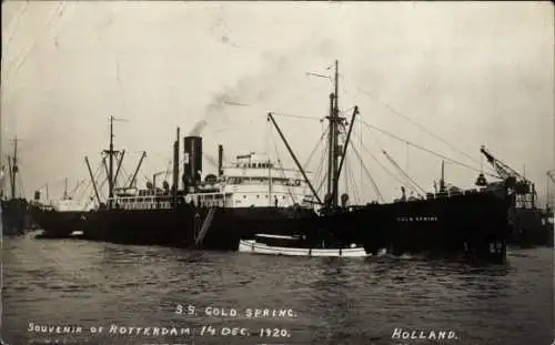 Foto Ak Rotterdam Südholland Niederlande, Frachtschiff SS Gold Spring im Hafen, 1920